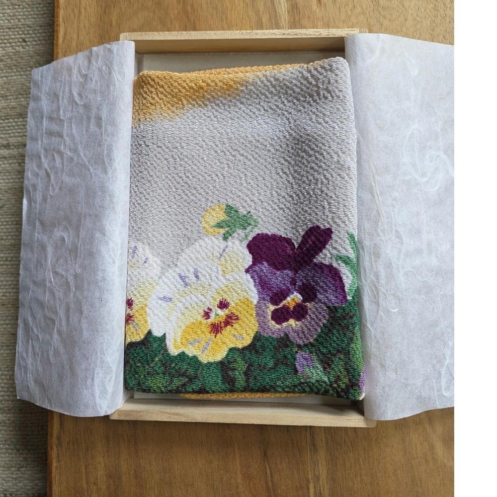 Japanese Silk Crepe Furoshiki Wrapping Cloth Painting Flower Art Signed Kiribako